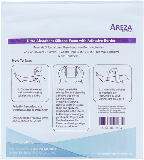 Areza Medical - Silicone Foam with Super-Absorbent Layer - Wound Dressing - Waterproof - with Silicone Adhesive Border - Sterile - 6" x 6" - 5 PCS...