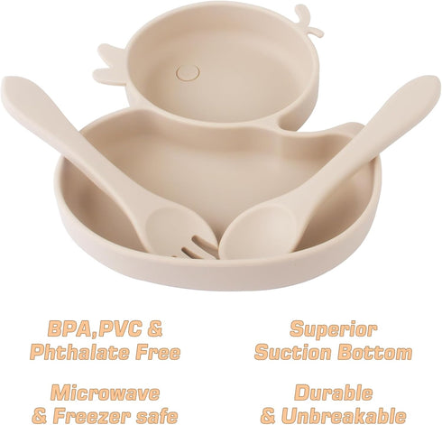 Baby Suction Plate, Silicone Toddler Plate for Kids Baby Weaning Plate Strong Suction Divided Dish with Fork Spoon...
