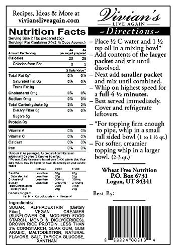 Vegan Whipped Cream Replacement, Dairy Free, Soy Free, Gluten Free, Coconut Free, Shelf Stable Mix by Vivian's Live Again - Single Packet...