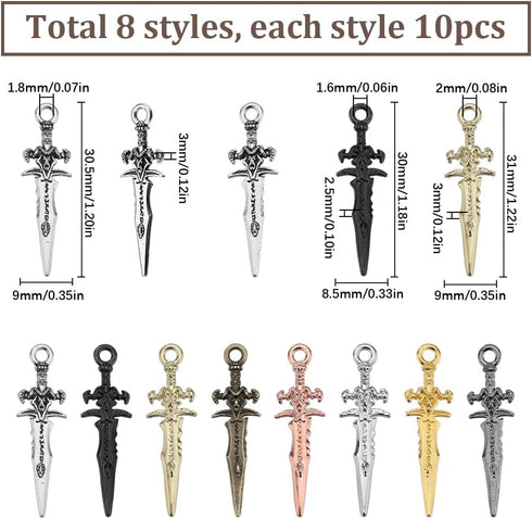 SUNNYCLUE 1 Box 80Pcs Sword Charm Punk Charms Silver Alloy Gothic Steampunk Mini Bookmarks Sword Knife Charm for Jewelry Making Charms Supplies DI...