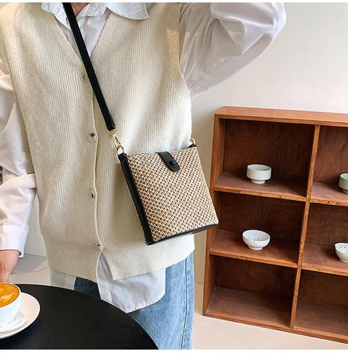 Women Small Faux Straw Bag Mini Woven Bucket Bag Summer Beach Bag Fashion Crossbody Bag Shoulder Bag Handbag...