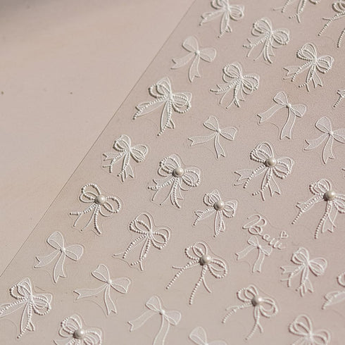 5D Embossed White Lace Bowknot Nail Art Stickers Pearl Bow Nail Stickers for Nail Art Supplies Retro Relief Bow Nail Decals Self-sdhsive Bow Stick...