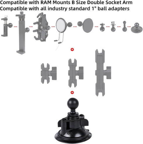 Suction Cup Base Mount with 25mm/1" Ball,Compatible with RAM Mounts and Other B Size Double Ball Socket Arm...