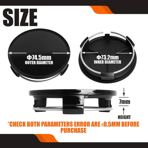 TMS 2.9Inch 75MM Wheel Center Caps, Pack of 4 (Gloss Black, Outer 75MM, Inner 73MM)...