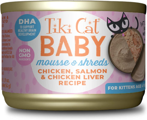 Tiki Cat Baby Mousse & Shreds, Chicken, Salmon, and Chicken Liver, High-Protein, Wet Cat Food for Kittens 4 Weeks+, 1.9 oz. Cans (Pack of 3)...