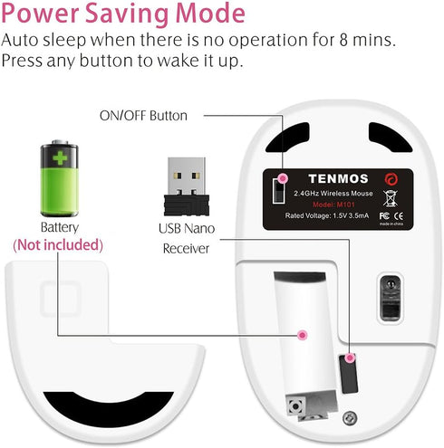 TENMOS M101 Wireless Mouse Cute Silent Computer Mice with USB Receiver, 2.4G Optical Wireless Travel Mouse 1600 DPI for Laptop, Notebook, PC, Comp...