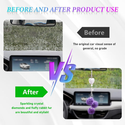 Bling Heart Diamond Car Hanging Accessories, Bling Love Heart and Cute Plush Balls, Crystal Car Rear View Mirror Charms for Women, Lucky Hanging P...