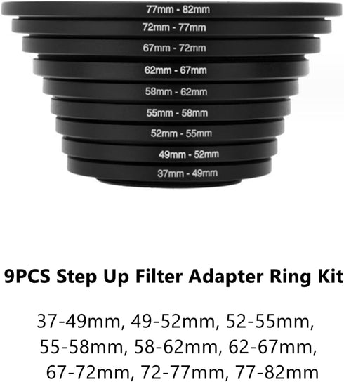 Filter Ring Adapter Set 18 Pieces, Camera Lens Filter Stepping Rings Kit, Lightweight and Durable Aluminum, 9 Pcs Step Up Rings Set and 9 Pcs Step...