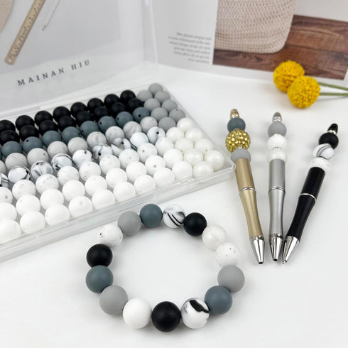 100pcs 15mm Silicone Beads,Bulk Rubber Beads for Keychain Making,Beads for Pen Bracelet Lanyard Making DIY kit (Achromatic)...