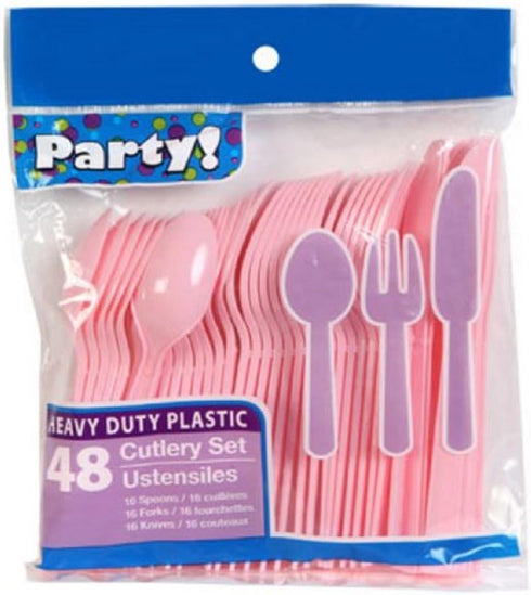 Baby Blue & Light Pink Heavy Duty Plastic Cutlery Sets - 16 Spoons, 16 Forks, 16 Knives - 2 packs of 48 each 96 pcs total - One Blue & One Pink...