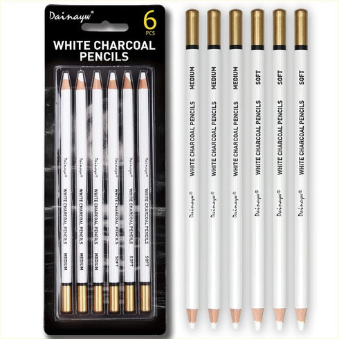 dainayw 6 Pcs White Charcoal Pencils Drawing Set, Professional Smooth Soft & Medium Sketching Pencil Art Supplies for Drawing, Highlighting, Sketc...