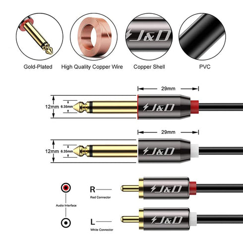 J&D 1/4 to RCA Cable, Gold Plated Copper Shell Heavy Duty 2X6.35mm TS to Dual RCA Stereo Audio Interconnect Cord for AV Receivers, Speakers, Home ...