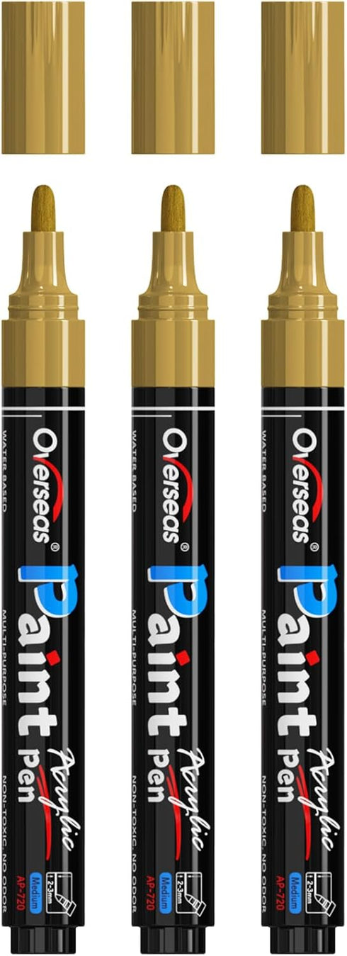 Overseas Gold Paint Pens Paint Markers - Permanent Acrylic Markers 3 Pack, Water Based, Quick Dry, Waterproof Paint Marker Pen for Rock, Wood, Pla...