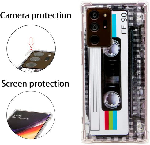 Case for Galaxy Note 20 Ultra with Reinforced Corners TPU Soft Bumper Retro Cassette Tape Case + Camera Lens Protector...