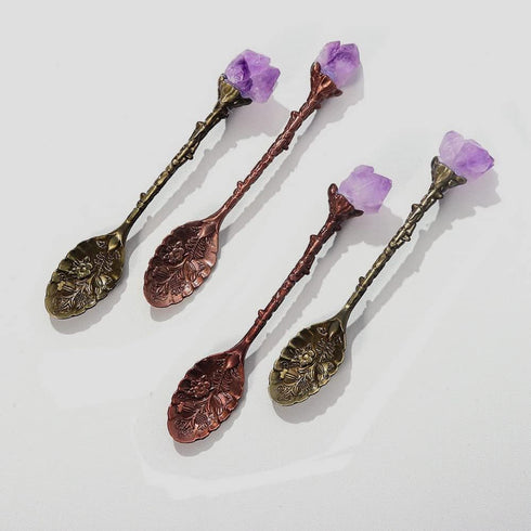 2pcs Retro Crystal Antique Spoon Coffee Spoon Tea Spoon,Amethyst Crystal Alloy Spoons,Mini Ice Cream Decorative Spoons, for Home Office...