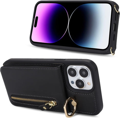 iPhone 14 Pro Max Wallet Case with Card Holder, 7 Slots, Strap, Kickstand - Black Leather......