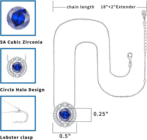 Birthstone Halo Necklace for Women Sterling Silver Platinum Plated Sparkling Gemstone Round Cut Solitaire Pendant Cubic Zirconia Necklaces Clear C...