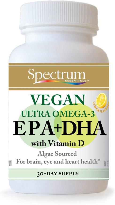 Spectrum Essentials Soft Gels, Vegan Ultra Omega-3 EPA and DHA with Vitamin D, 60 Count...