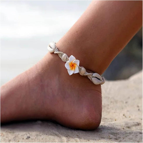 Boho Natural Shell Anklet Bracelets Flower Ankle Chain Hawaiian Cowrie Shell Braided Anklet Bracelet Beach Woven Rope Foot Chain Jewelry for Women...