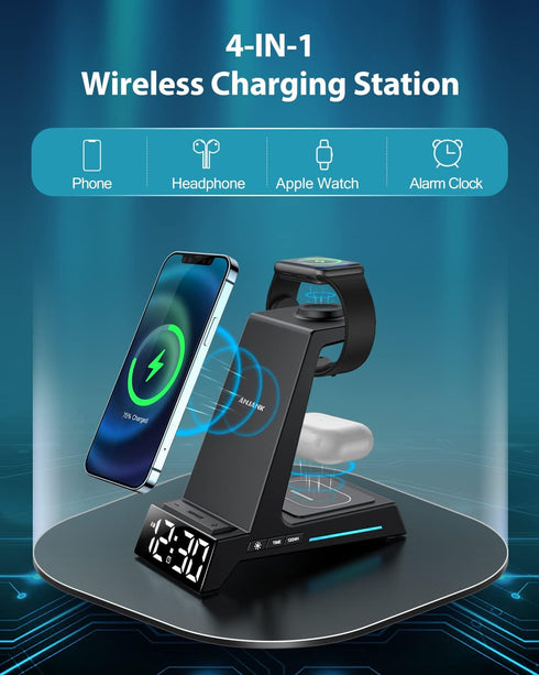 Wireless Charging Station - 4 in 1 Wireless Charger with Alarm Clock, Charging Stand Dock for iPhone 15/14/13/12/11/Pro/Max/XR/XS/X/Samsung Phone,...