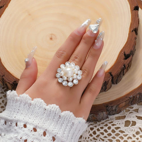 Vintage CZ Flower Pearl Statement Ring for Women Girls Gold Plated Adjustable Expandable Cubic Zirconia Imitation Pearls Open Wrap Promise Engagem...