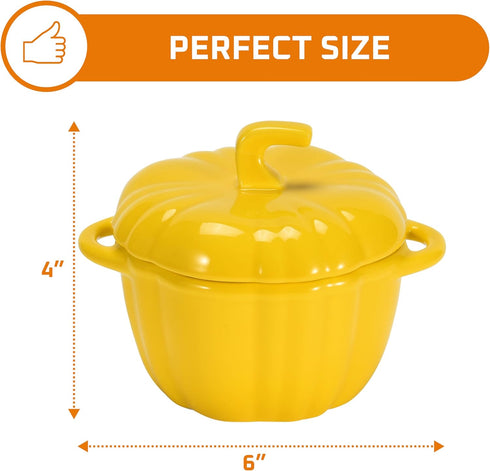 Bruntmor Ceramic Ramekins with lids oven safe - Serving Pot for Food, Soup - Adorable Pumpkin-Shaped Tabletop Decoration - Locks in Flavor with Po...