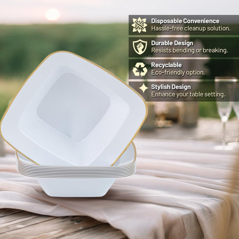 Party Plastic Bowls – White with Gold Rim - Square Plates- 10 Count- Elegant Premium Durable Dessert Bowls for Versatile Celebrations (5 oz.)...