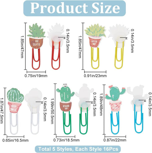 CRASPIRE 80Pcs Cactus Plants Paper Clips Cute Binder Paperclips Clamps with Clear Box Bookmarks Metal Planner Memo Dispenser for Office Supplies S...