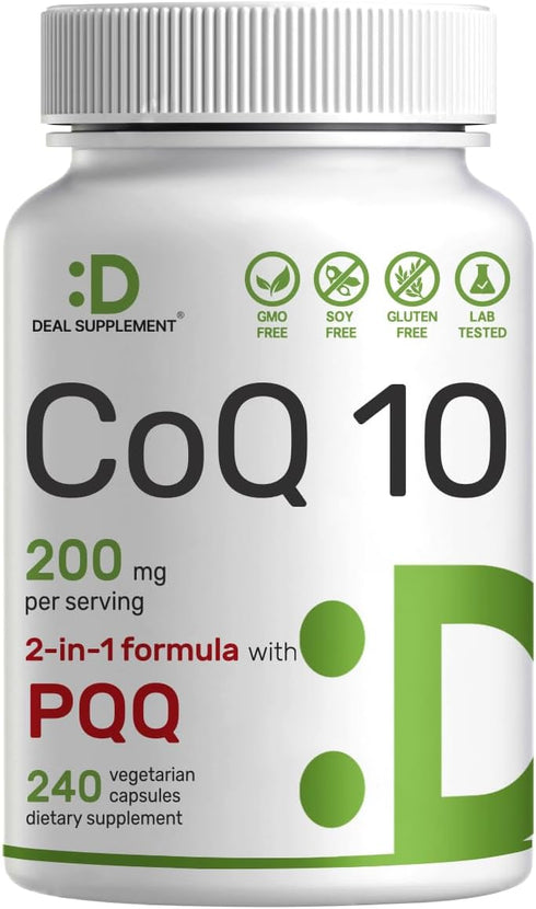 DEAL SUPPLEMENT CoQ10 200mg & PQQ 200mcg, 240 Veggie Capsules – 2 in 1 Coenzyme Q10 Supplement for Better Absorption – Antioxidant Support for Ene...