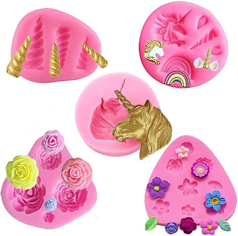 Unicorn Cupcake Topper Decoration Molds Set - MoldFun Unicorn Head, Horn, Ears and Rainbow Silicone Mould for Fondant Gum Paste Polymer Clay, Birt...