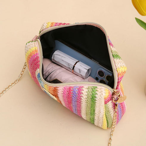 Women’s Straw Tote Bag Rainbow Striped Casual Beach Shoulder Bag Summer Vacation Straw Crossbody Bag Purse 2024...