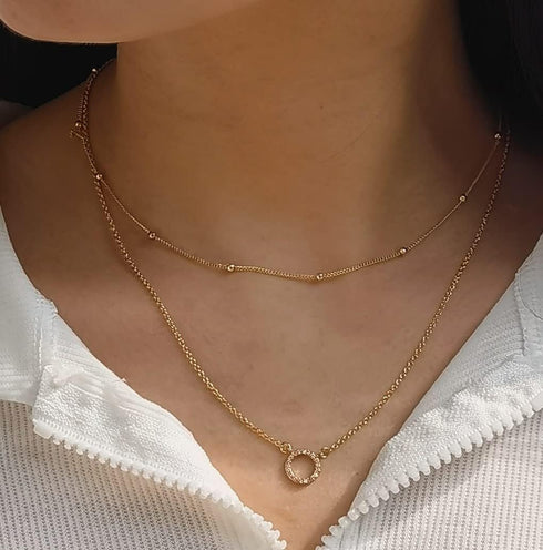 Cowlyn Dainty Layered Necklace Sparkle CZ Circle Pendant Handmade 14k Gold Plated Chain Multilayer Satellite Bead Choker Simple Cute Jewelry Etern...
