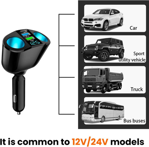 Cigarette Lighter Splitter, USB 2.4A & QC3.0 Type C with 2 Socket Cigarette Lighter Adapter, 12V/24V 120W Car Charger Splitter for GPS Dash Cam La...