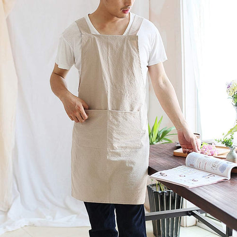 NEWGEM Japanese Linen Cross Back Kitchen Cooking Aprons for Men with Pockets for Baking Painting Gardening Cleaning Khaki...