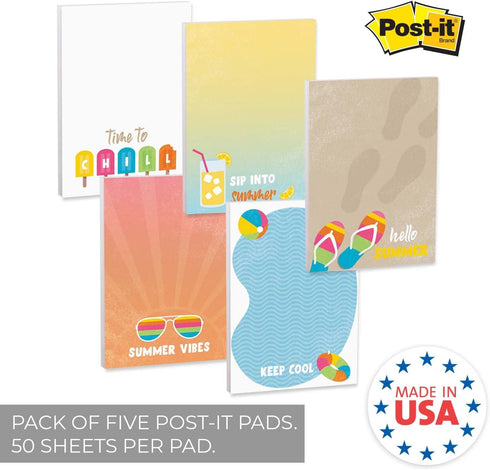 Summer Vibes Sticky Note Set / 4" x 6" Repositionable Sticky Note Pads/Five Modern Beach Theme Designs/Made in The USA...