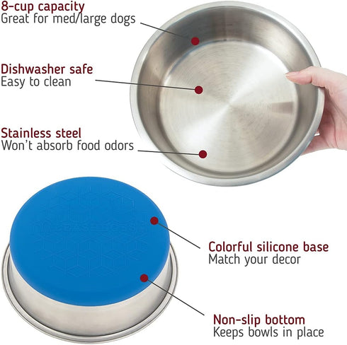 Leashboss Non-Slip Stainless Steel Dog Bowl with Rubber Base, Large 8 Cup / 64 Oz Size, Modern Brushed Interior & Exterior, Non-Skid Dish for Medi...