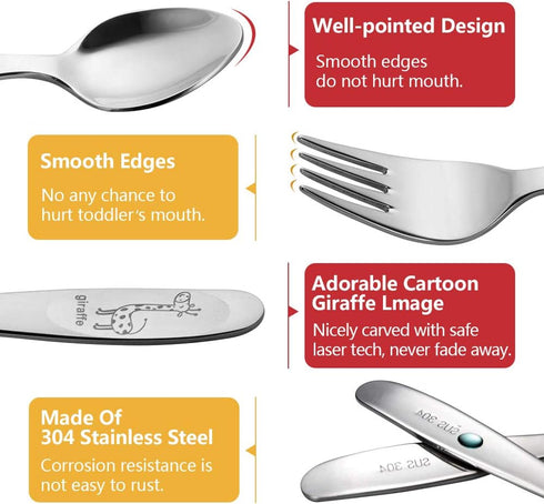 4 Piece Stainless Steel Toddler Utensil Set, Safe Kid Silverware Set for Self Feeding,Cartoon Toddler Forks and Spoons, Dishwasher Safe...