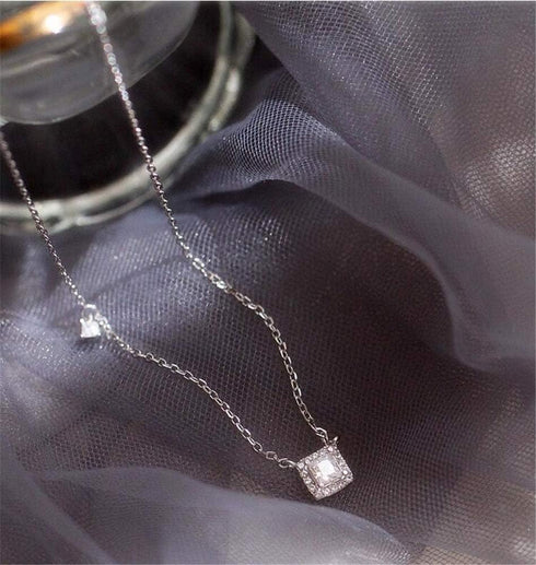 Dtja Sterling Silver Square Crystal Choker Necklace for Women Girls Cushion Shape Cubic Zirconia Small Delicate Princess Cut Pendant Necklace Adju...