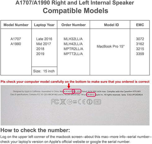 Right and Left Internal Speaker Replacement for MacBook pro 15" A1707 (Late 2016-2017) A1990 (Mid 2018-2019) Loudspeaker Subwoofer Retina with Tou...