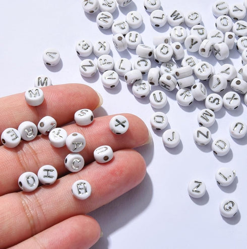 100PCS Letter Beads White Round Acrylic Alphabet Beads Silver Letter A Beads for Jewelry Making Bracelets Necklaces Key Chains DIY 4X7mm...