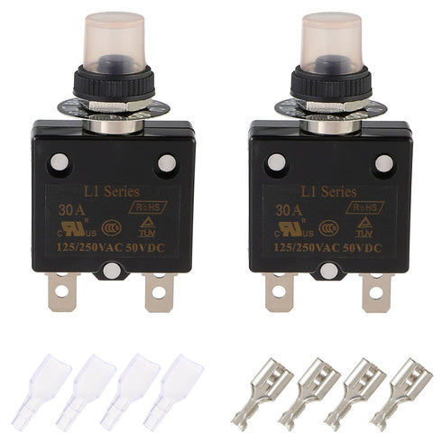 30A Manual Reset Push Button Circuit Breaker 125/250V AC 50V DC Thermal Overload Protector with Quick Connect Terminals and Waterproof Button Caps...