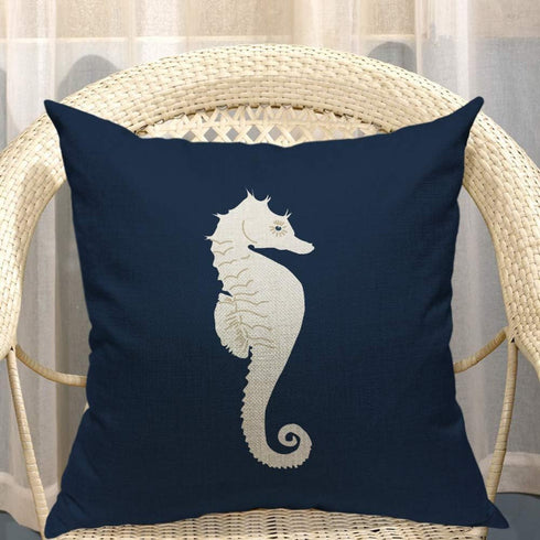 Mugod Sea Horse Decorative Throw Pillow Cover Case Marine Animal Cute Hippocampus White and Navy Blue Cotton Linen Pillow Cases Square Standard Cu...
