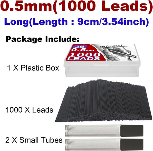 1000 X 0.5mm 0.5 Millimeter Lead Refills for Mechanical Pencils Lead Automatic Pencil Lead Black 2B (0.5mm Long 9cm)...