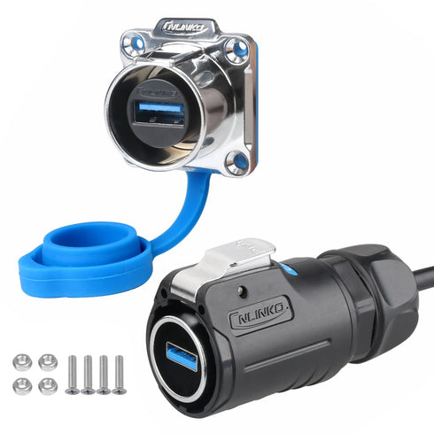 CNLINKO LP-24 USB3.0 Connector Set,Type A Female?Male Plug with 20 Inches Cable, Panel Mount Receptacles Socket IP68 Data Waterproof Connector M24...
