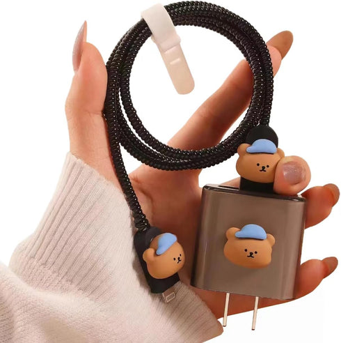 Kawaii Bear Cable Protector Compatible with iPhone Charger,Cute Cartoon Pattern 3D Design for Women Girl,Soft Charging Cord Protector Data Cable S...