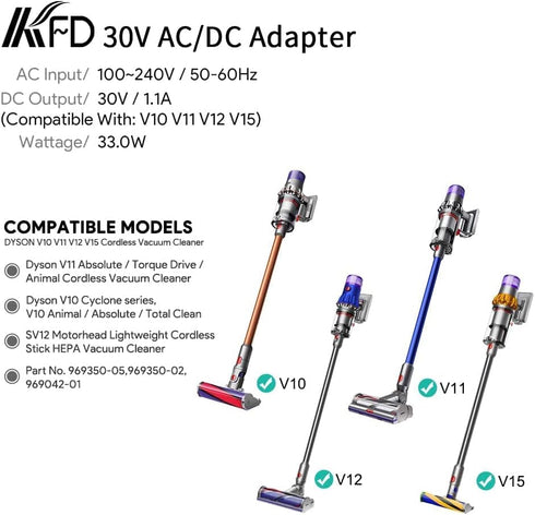 KFD 30V AC DC Adapter Charger for Dyson Cyclone V10 V11 V12 V15 Absolute Animal Motorhead Cordless Stick Vacuum Cleaner Dyson SV12 SV14 SV16 SV20 ...