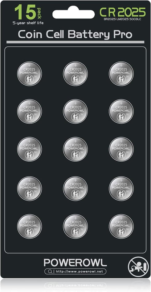 POWEROWL High Capacity CR2025 Battery (15-Pack) 2025 3v Lithium Batteries, 10 Years Leak-Free...