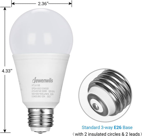 DEWENWILS 3 Way LED Light Bulbs, 40/60/100W Equivalent, 5000K Daylight White, A19 LED Bulbs, E26 Medium Base, 500/1000/1600LM Bright Light Bulbs, ...