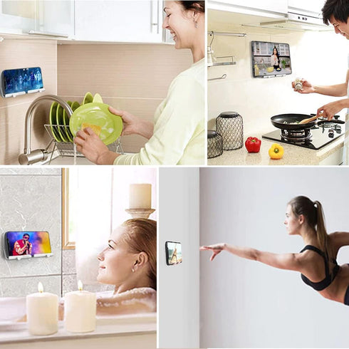 D2 Wall Mount Phone Holder, Hands Free Phone Holder with Adhesive and Data Cable Receiving Hole for Shower, Charging, RV, Compatible with iPhone, ...