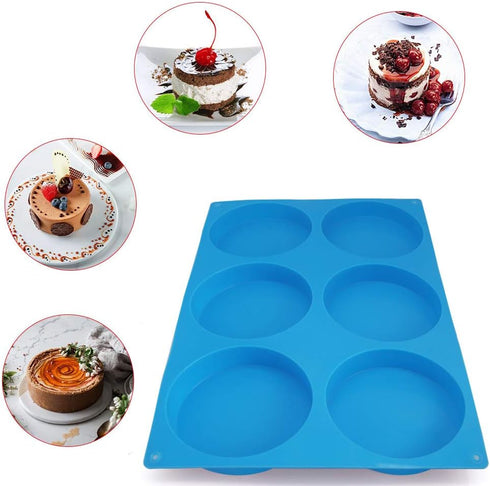 6-Cavity Large Cake Molds Silicone Round Disc Resin Coaster Mold Non-Stick Baking Molds, Mousse Cake Pan, French Dessert, Candy, Soap (Blue)...